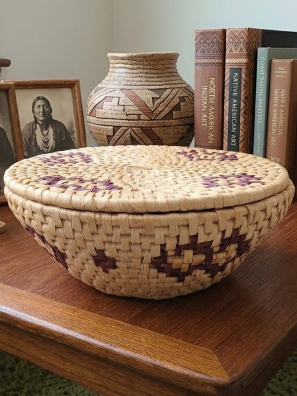 Vintage Handwoven Coiled Basket with Lid Geometric Tribal Boho Bread Sewing Box